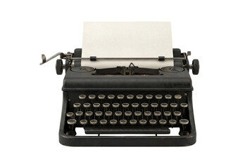 Naklejka premium Vintage black typewriter with blank paper isolated. Retro writing equipment.