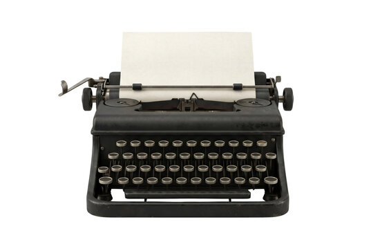 Vintage black typewriter with blank paper isolated. Retro writing equipment.