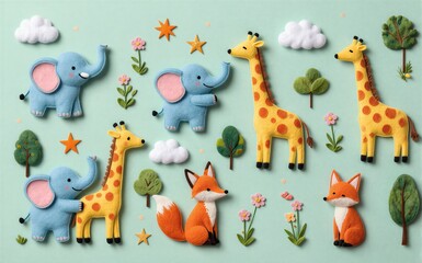 Fototapeta premium Cute felt animals and flowers on a soft green background with clouds.