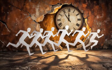 Fototapeta premium Paper cutouts of people race past a broken wall toward an old clock.