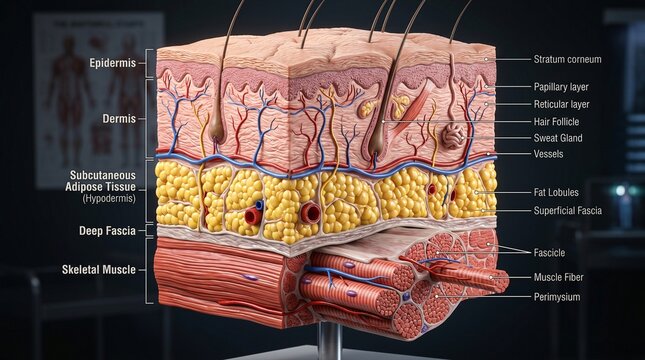 Anatomical cross section illustration of human skin layers including epidermis dermis subcutaneous fat and muscle