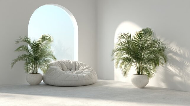 Minimalist interior design with plants and beanbag chair under sunlight