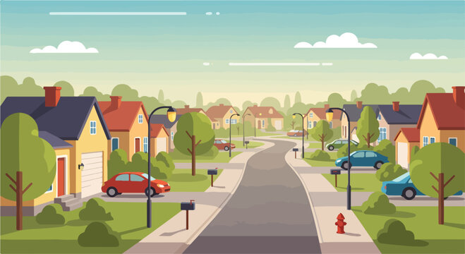 A vibrant suburban street with houses, cars, and trees