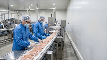 Fototapeta premium Workers in blue uniforms and protective gear inspect packaged raw chicken on a conveyor belt