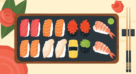 A vibrant sushi platter with various pieces and chopsticks © Tiun