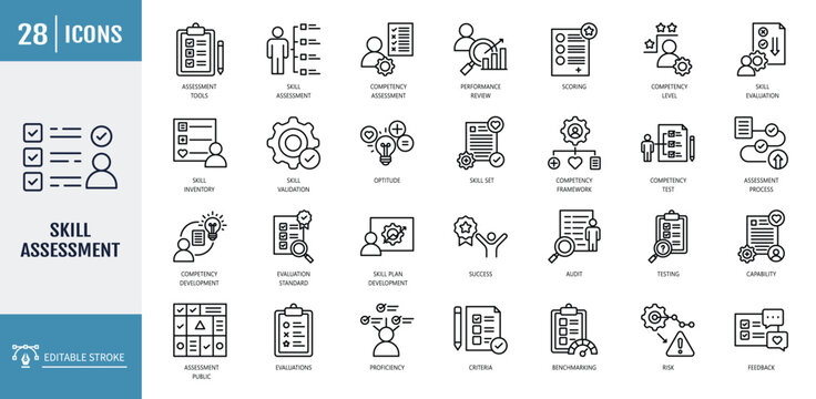 Skill assessment icon set. Icons Includes competency, proficiency, aptitude, testing, center, criteria, performance. Outline icon set. Vector illustration with editable stroke