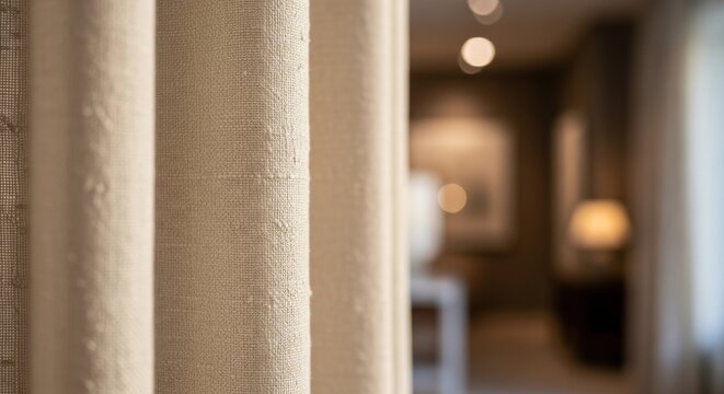 Close-up of textured slub silk curtain fabric in neutral beige tones with soft lighting