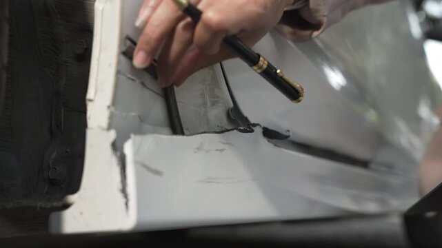 Close-up of car body damage with dented door panel and scratched paint as a mechanic holds a tool during auto repair inspection in a workshop.