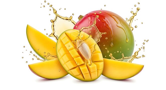Fresh sweet mango fruit slices with water splashes and juice drops.  mango slash