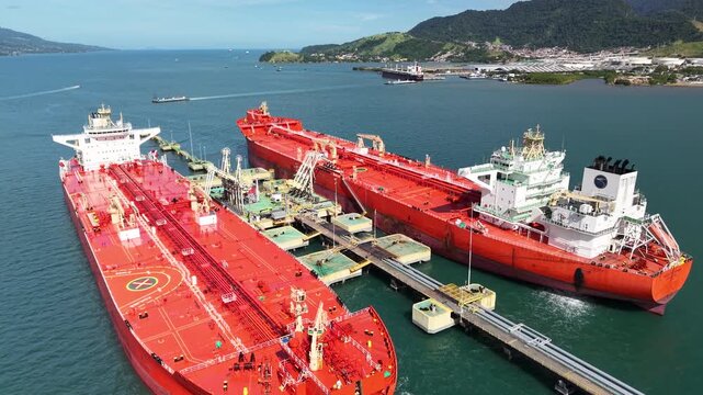 Oil Tankers docked at the Port of S&atilde;o Sebasti&atilde;o highlights the region&rsquo;s importance for logistics and maritime trade on the north coast of S&atilde;o Paulo - S&atilde;o Sebasti&atilde;o, S&atilde;o Paulo, Brazil