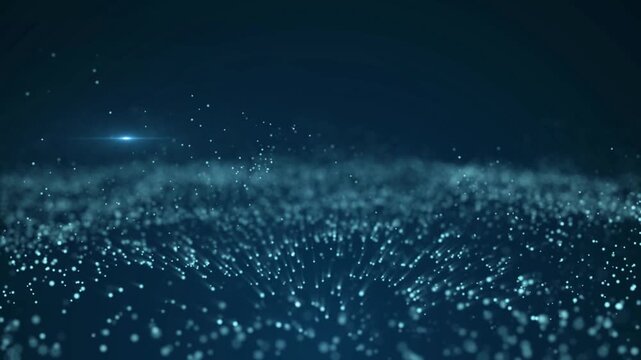 Glowing blue particles floating in a dark space with a bright light source in the distance creating a sense of depth and mystery