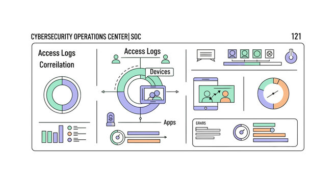 Cybersecurity operations center soc data visualization and analysis illustration