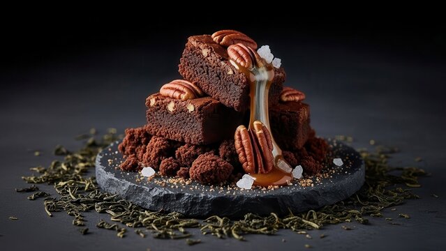 Stack of delicious chocolate brownies with pecans and caramel sauce on a dark stone plate