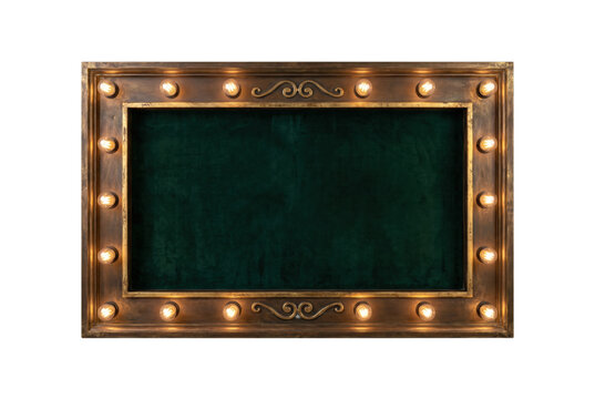Vintage theater mirror frame with light bulbs isolated. Dressing room mockup.