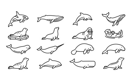 Various Sea Mammals Line Drawings. © letha