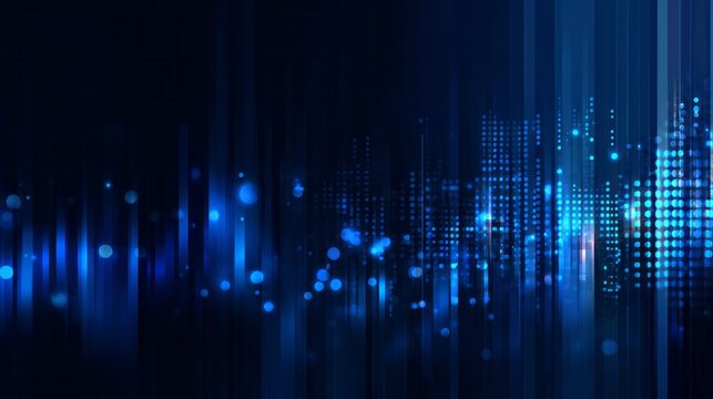Futuristic city skyline illuminated by vibrant blue digital lights.