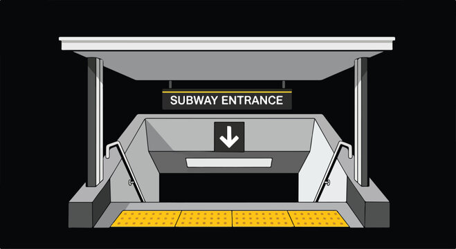 A gray subway entrance with a yellow tactile paving