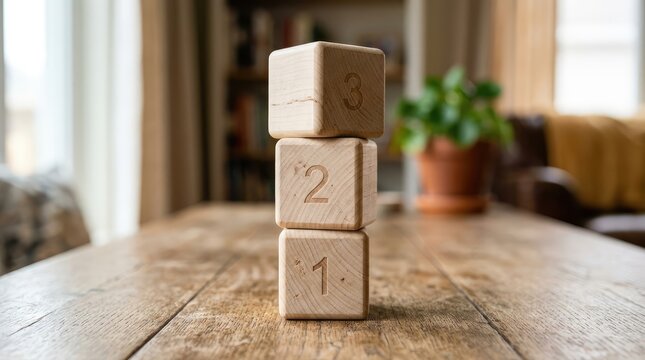 Three wooden number blocks stacked on a rustic table in a bright home interior