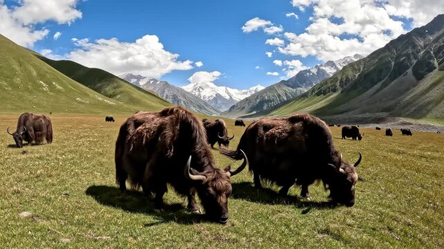 Domestic yaks grazing in a high-altitude mountain meadow with lush green grass and rolling hills under a blue sky with white clouds and snow-capped peaks in the background.