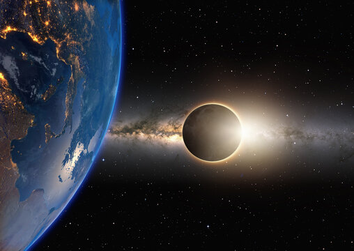 Solar Eclipse over the Planet Earth ( italy, Turkey) with Milky Way galaxy in the background  "Elements of this image furnished by NASA "