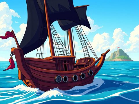 Vector cartoon pirate ship, wooden barge with black sails and cannons, voyages across the sea to a distant island,  wooden boat,  black sails
