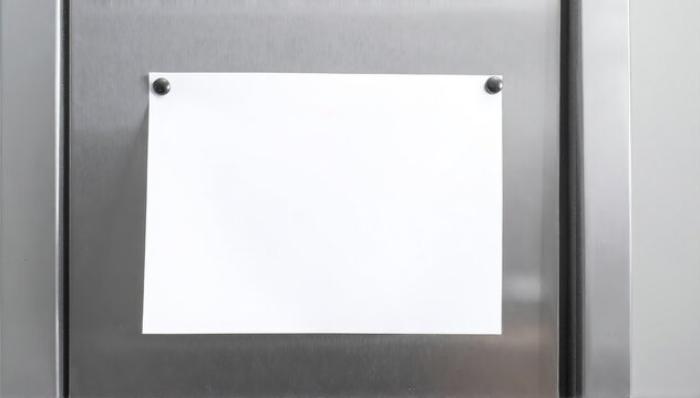 a crumpled white paper notice taped to the brushed metal wall beside an elevator door
