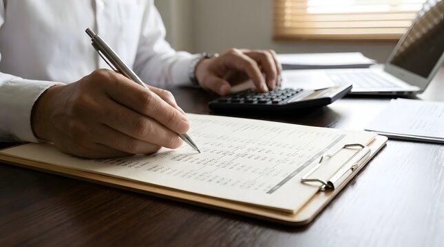 corporate, finance, budgeting, accounting, document, revenue, expenses, profit, audit, strategy, Person using calculator and reviewing financial documents for accounting and budget planning