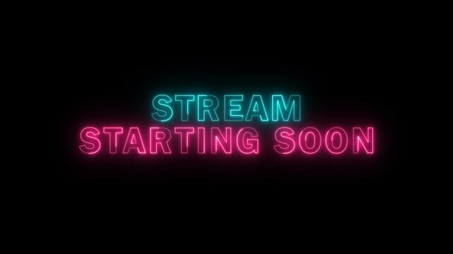 Stream starting soon neon glitch blue and pink lights text animation for intro live streaming social media, broadcasting footage video, alpha channel, 4k video