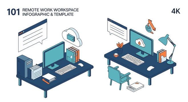 Isometric remote work workspace graphic template with desktop computers
