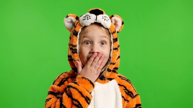 Surprised Child in Tiger Costume on Green Screen Background.