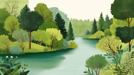 Naklejka premium Watercolor serene river forest landscape nature green calm, gentle waterway winding through lush trees and soft light, quiet spring mood
