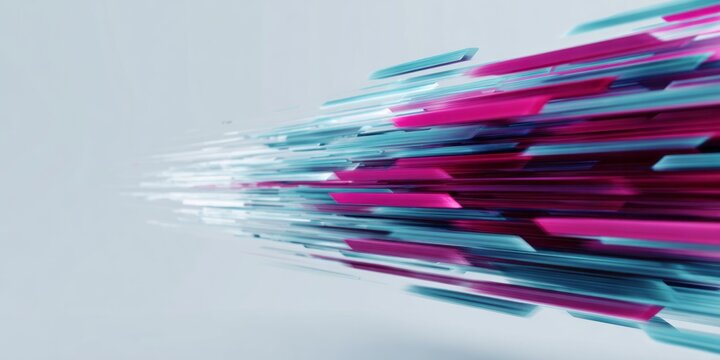 Abstract streaks of pink and blue light accelerate into the distance.