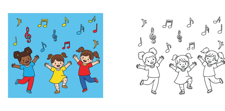 Diverse happy girls dancing and singing with musical notes set of colored illustration and line art coloring page for children school projects and music education activities