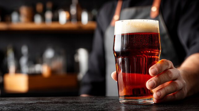 Bartender serving fresh dark beer in pint glass at pub counter with bartender, beverage