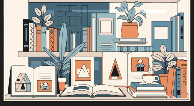 A colorful illustration of books and plants on shelves