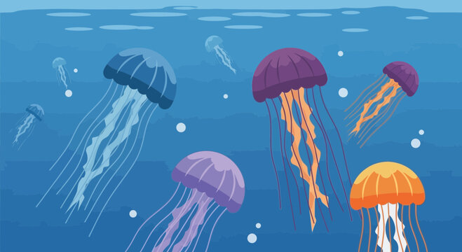 Colorful Jellyfish Underwater Scene with Bubbles and Waves