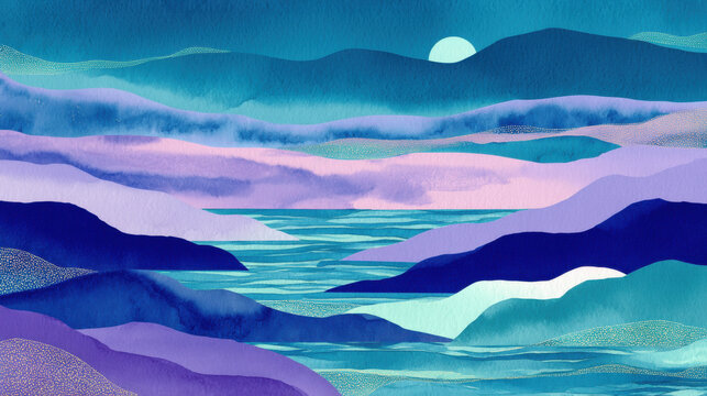 Abstract nightfall moonlight stream mountain valley water mist, soft layered hills, calm river under faint moon glow, serene landscape