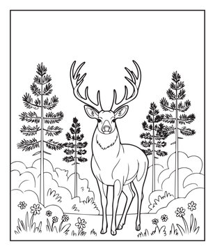 Forest animal coloring page for kids and adults of a cute deer standing in nature black outline vector illustration