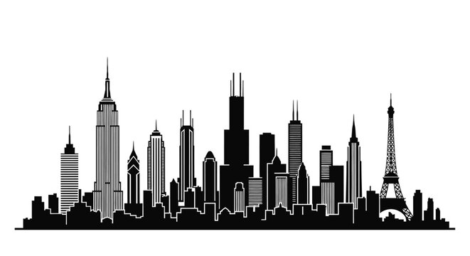 Black city skyline silhouette with world famous landmarks