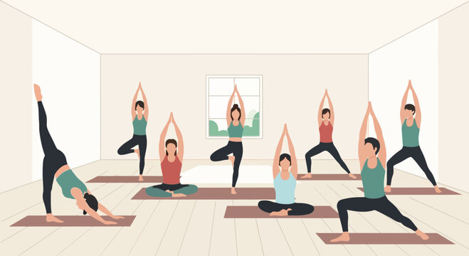 Diverse Group Practicing Yoga Poses in Bright Studio