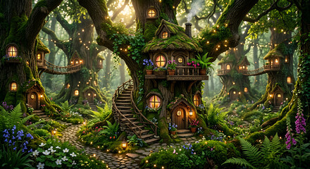 Fototapeta premium Enchanted Fairy Treehouse Village in Magical Forest