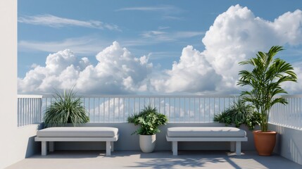 Obraz premium Rooftop terrace with tropical plants and comfortable benches