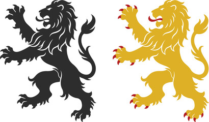 Heraldic lion icon set in flat vector style featuring medieval crest symbols for royal branding, emblems, and classic design projects © SunilKumar