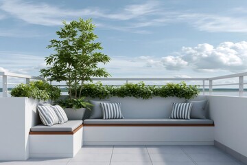 Obraz premium Modern rooftop terrace with built-in seating enjoying sky view