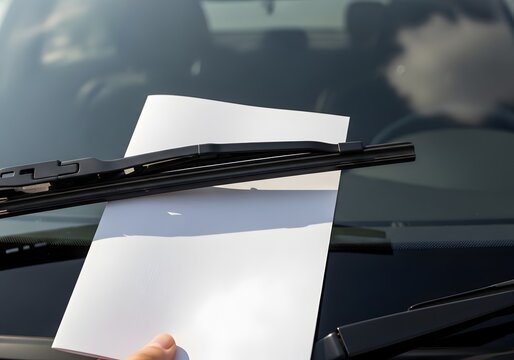 Close-up view of a blank white paper note or document tucked under a black windshield wiper on a vehicle front window glass, suggesting a parking fine or flyer advertisement.