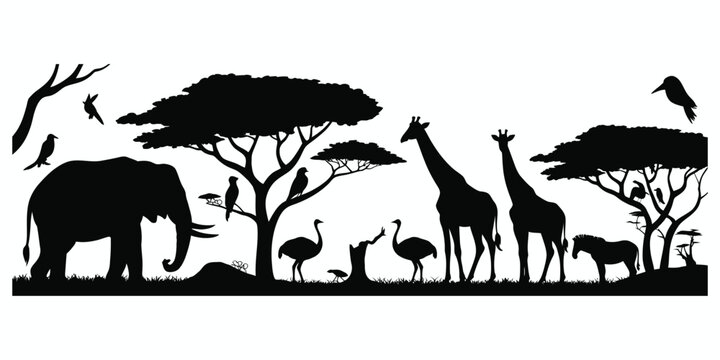 African savanna animals and trees silhouette elephant