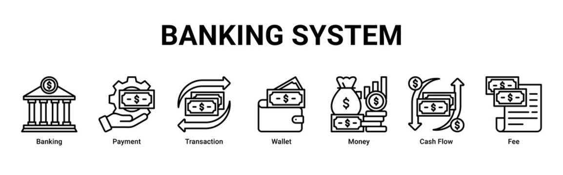 Banking System banner with banking,payment,transaction,wallet,money,cash flow and fee icons for fintech and digital finance concept