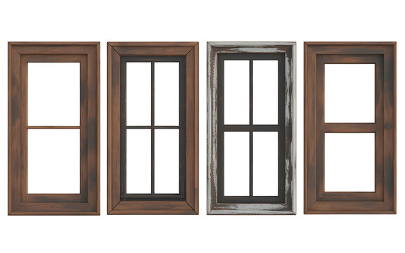 Four Wooden Window Frames with White Panes on White rustic