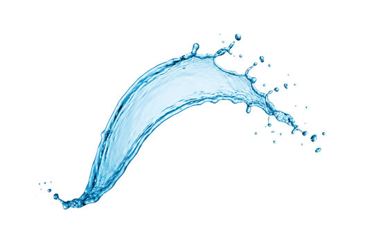 Blue water splash side view isolated. Liquid flow element.