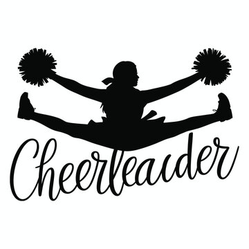 Black silhouette of a cheerleader in a split with pom poms